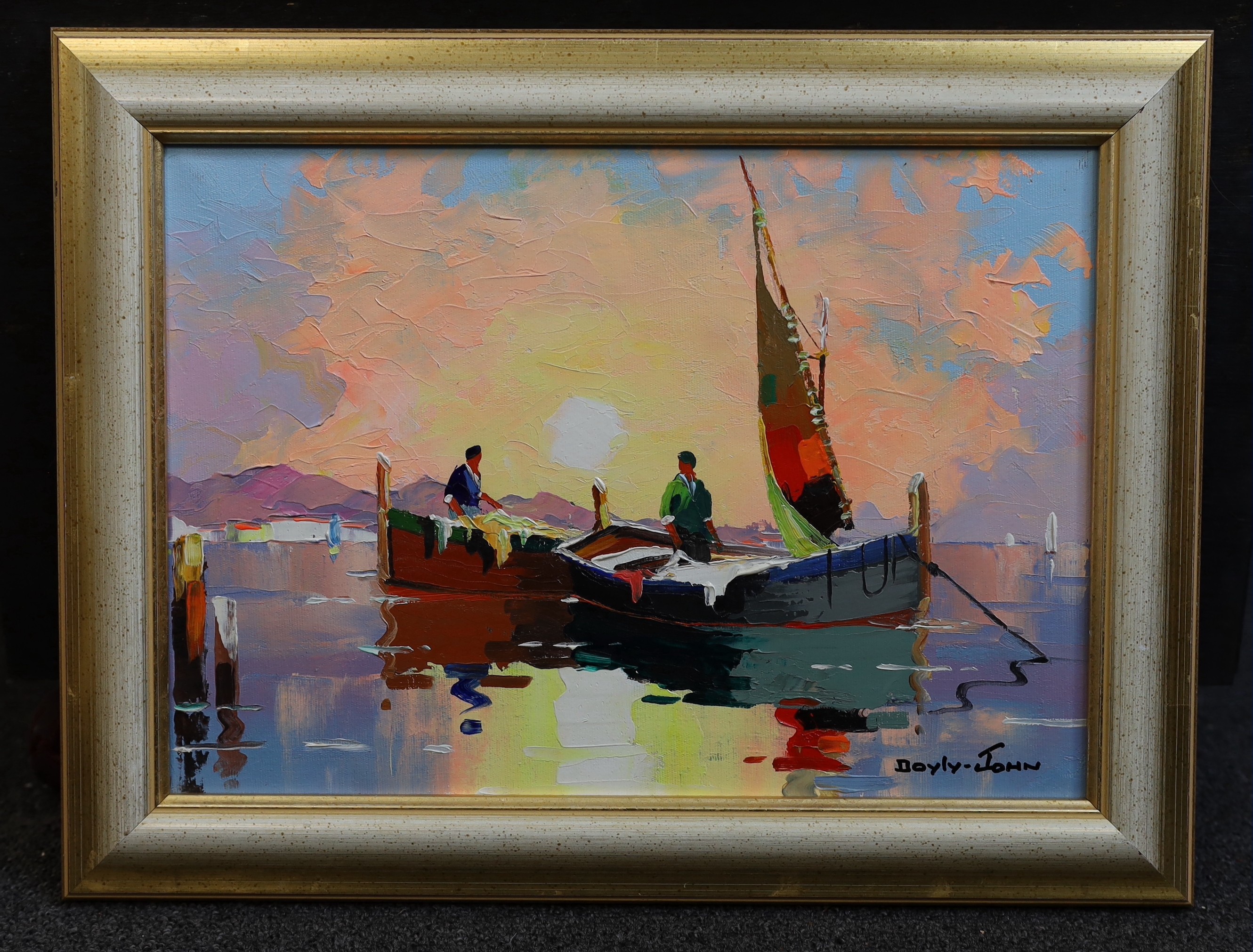 Cecil Rochfort D'Oyly-John (British, 1906-1993), 'Dawn Fishermen of French coast at St Tropez, French Riviera', oil on canvas, 25 x 35cm